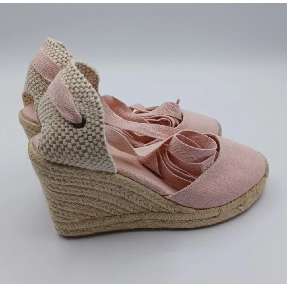 Soludos The Marseille Lace Up Wedge Espadrille PINK Ribbon Women's 5.5 Jute Heel